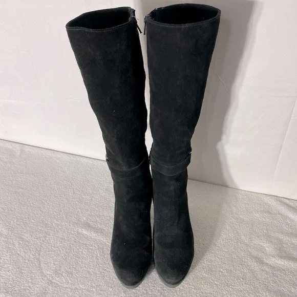 Vintage 90s C La Canadienne Black Suede Round Toe Chunky Heel Knee High Boots 10 - Picture 3 of 14